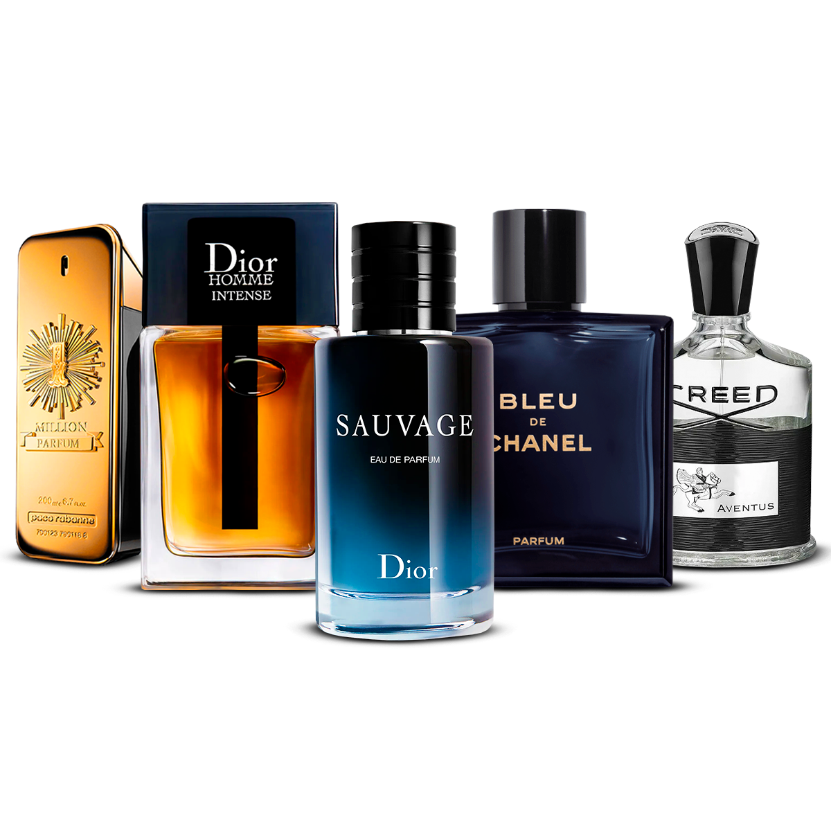 Sada 5 Parfémů – 1 Million, Dior Homme Intense, Sauvage, Bleu de Chanel i Creed Aventus [100 ml každý]